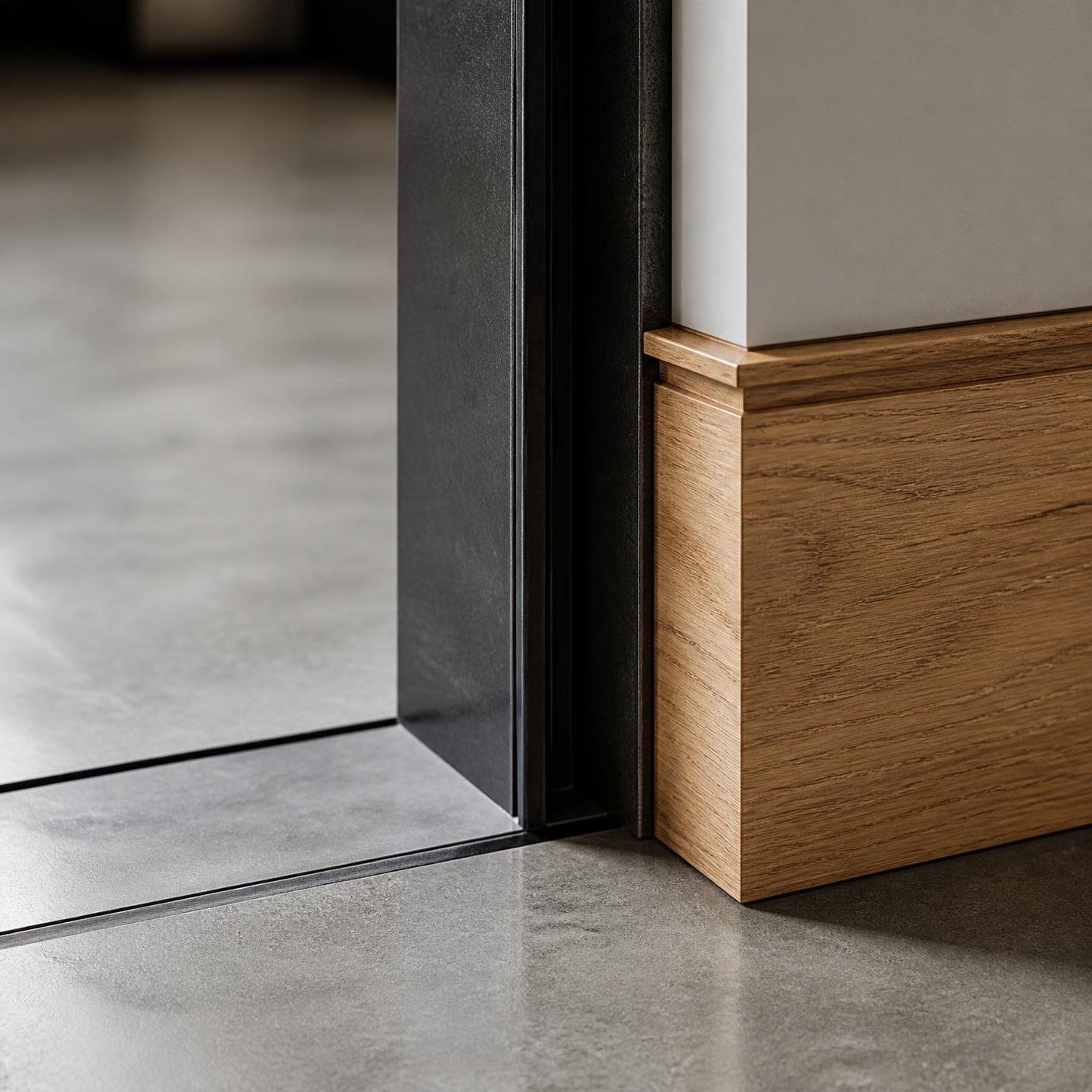Close architectural detail of concrete, steel reveal, and oak base in a finished commercial interior