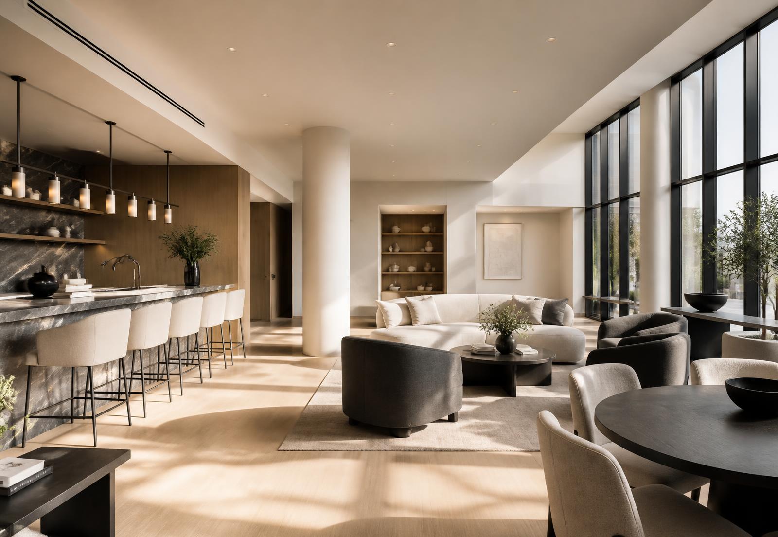 Completed multifamily amenity lounge prepared for lease-up